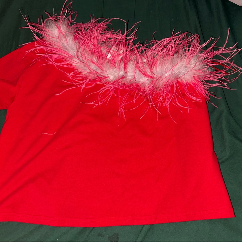 QUEEN OF SPARKLES Red Top with Feather Trim